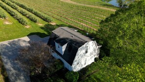 A white house with a dark roof, surrounded by lush greenery and a vineyard.