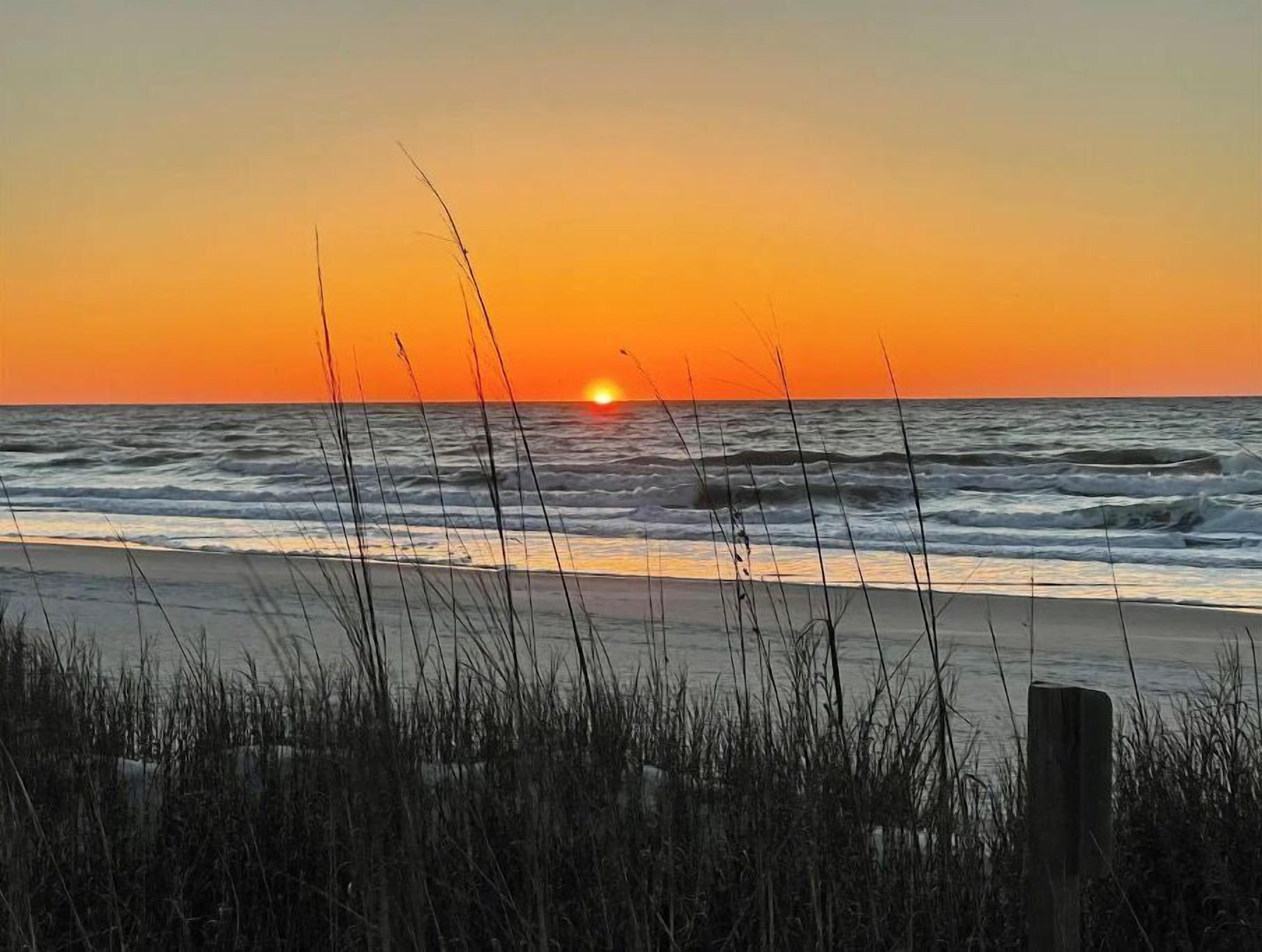 A beach at sunset with waves and grasses in the foreground.