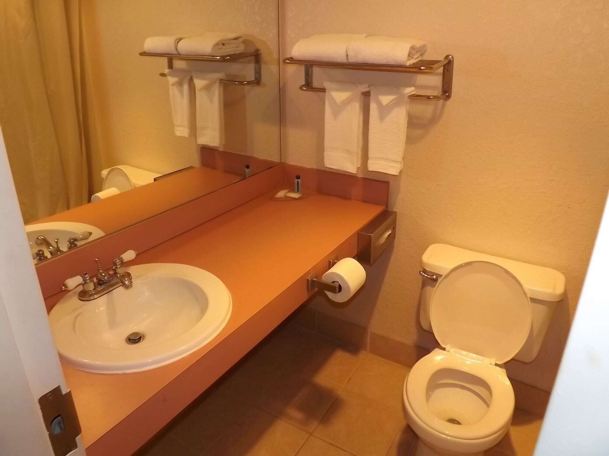 A bathroom with a sink, toilet, and towel rack.
