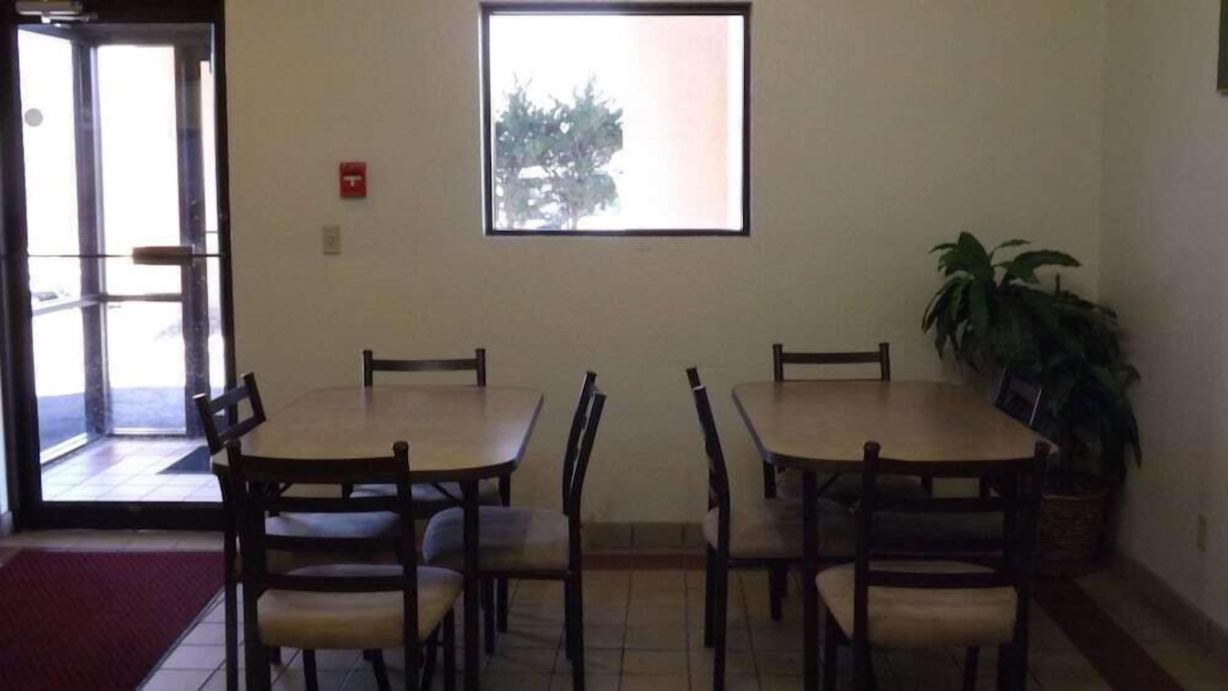 A dining area with four wooden tables and chairs, a window with a view of trees, and a potted plant on the right.