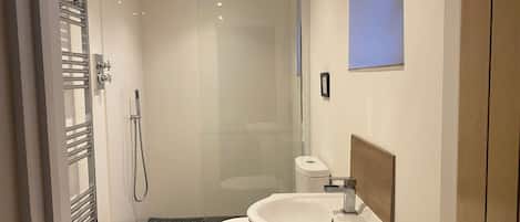 A modern bathroom with a shower, toilet, and sink.