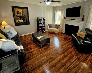 Smart TV, fireplace, books
