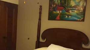 A bedroom with a bed, a ceiling fan, a painting, and a door.
