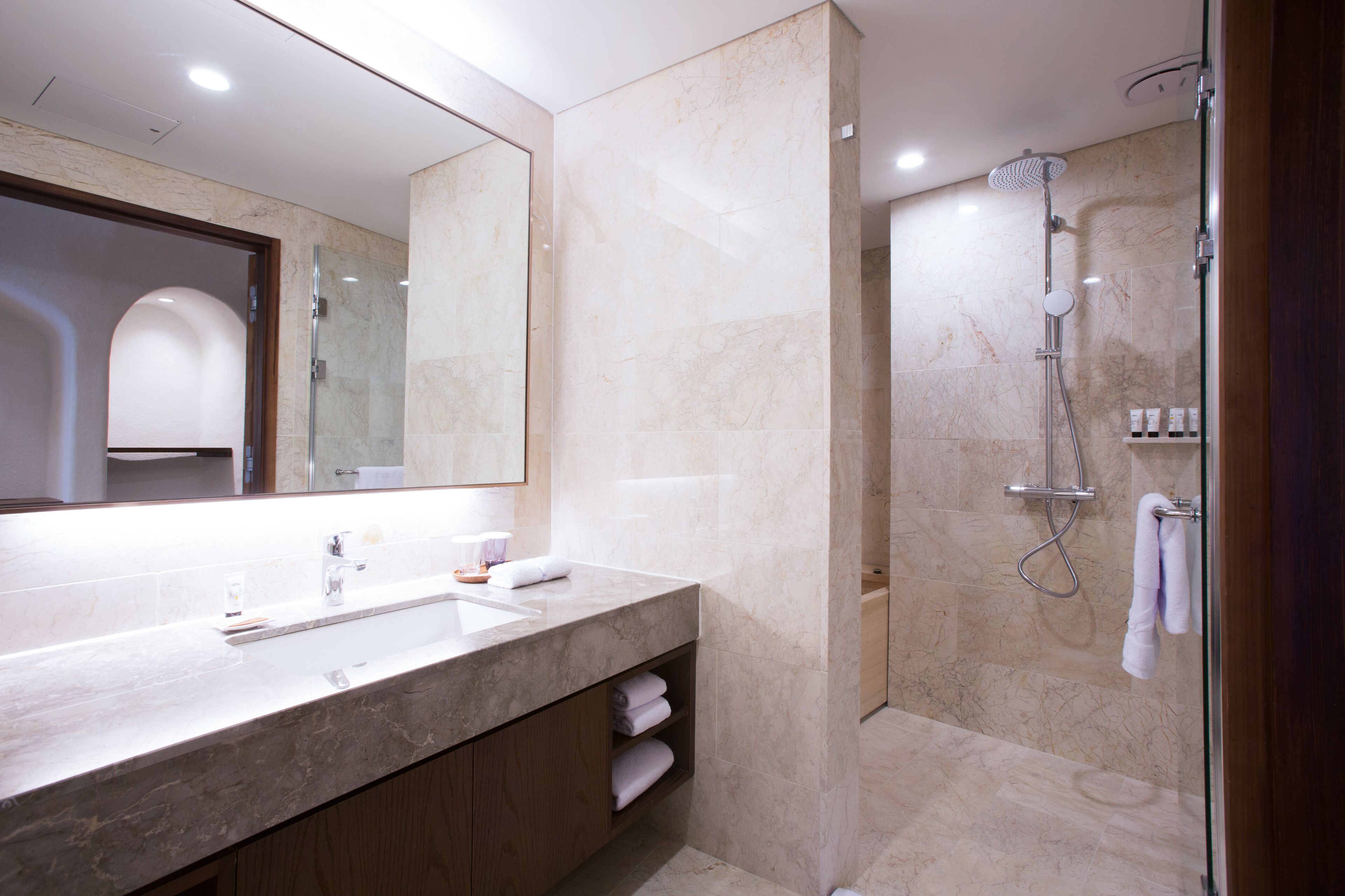 Une salle de bain moderne avec un meuble-lavabo en marbre, un grand miroir et une douche séparée par des parois en verre.