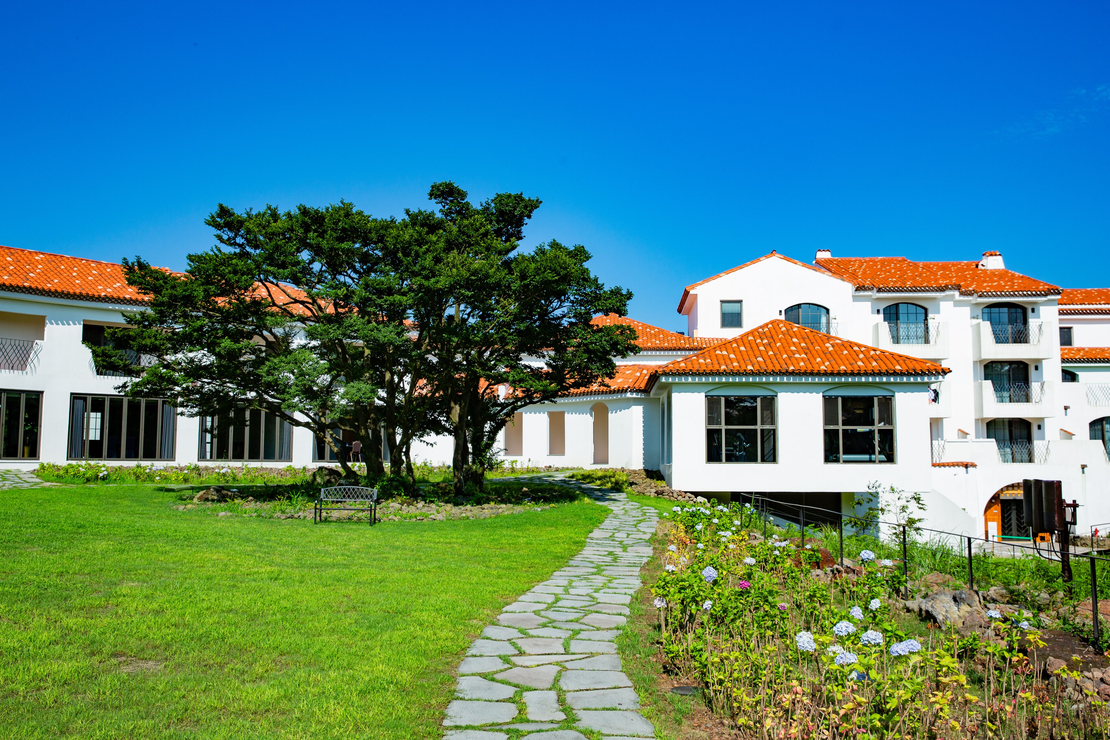 A white building with orange tiled roofs, a stone pathway, and a large tree in the foreground.