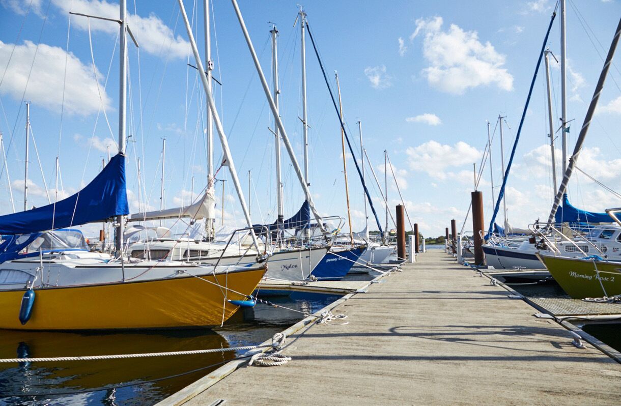 A marina with multiple sailboats docked along a concrete pier.