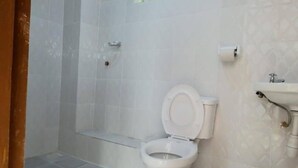 A bathroom with a toilet, a sink, and a shower area. - The Trumpet Inn (Nyeri)