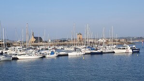 Ein Yachthafen mit zahlreichen Segelbooten, ein historisches Gebäude im Hintergrund und ruhiges Wasser.