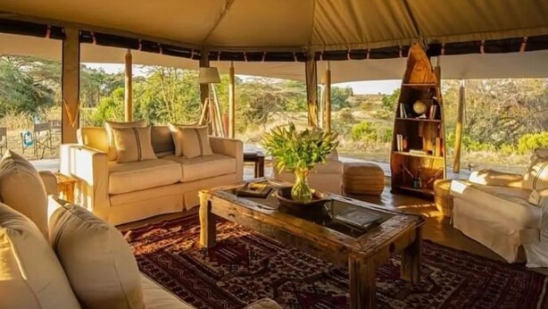 Una habitación con carpa, un sofá, una mesa de centro y una estantería.