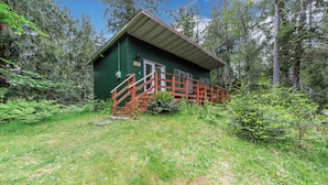 Una cabaña verde con una escalera de madera que lleva a una puerta, rodeada por un bosque denso.