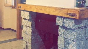 Une cheminée en pierre avec une cheminée en bois, une plante en pot posée sur la cheminée et une porte donnant sur une autre pièce.