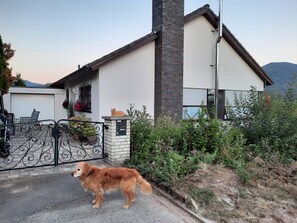 Une maison avec une cheminée en briques, un portail en métal et un chien qui se tient sur l’allée.