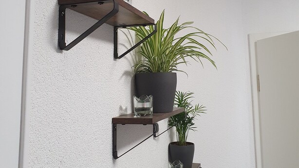 Een wandplank met drie plantenpotten.