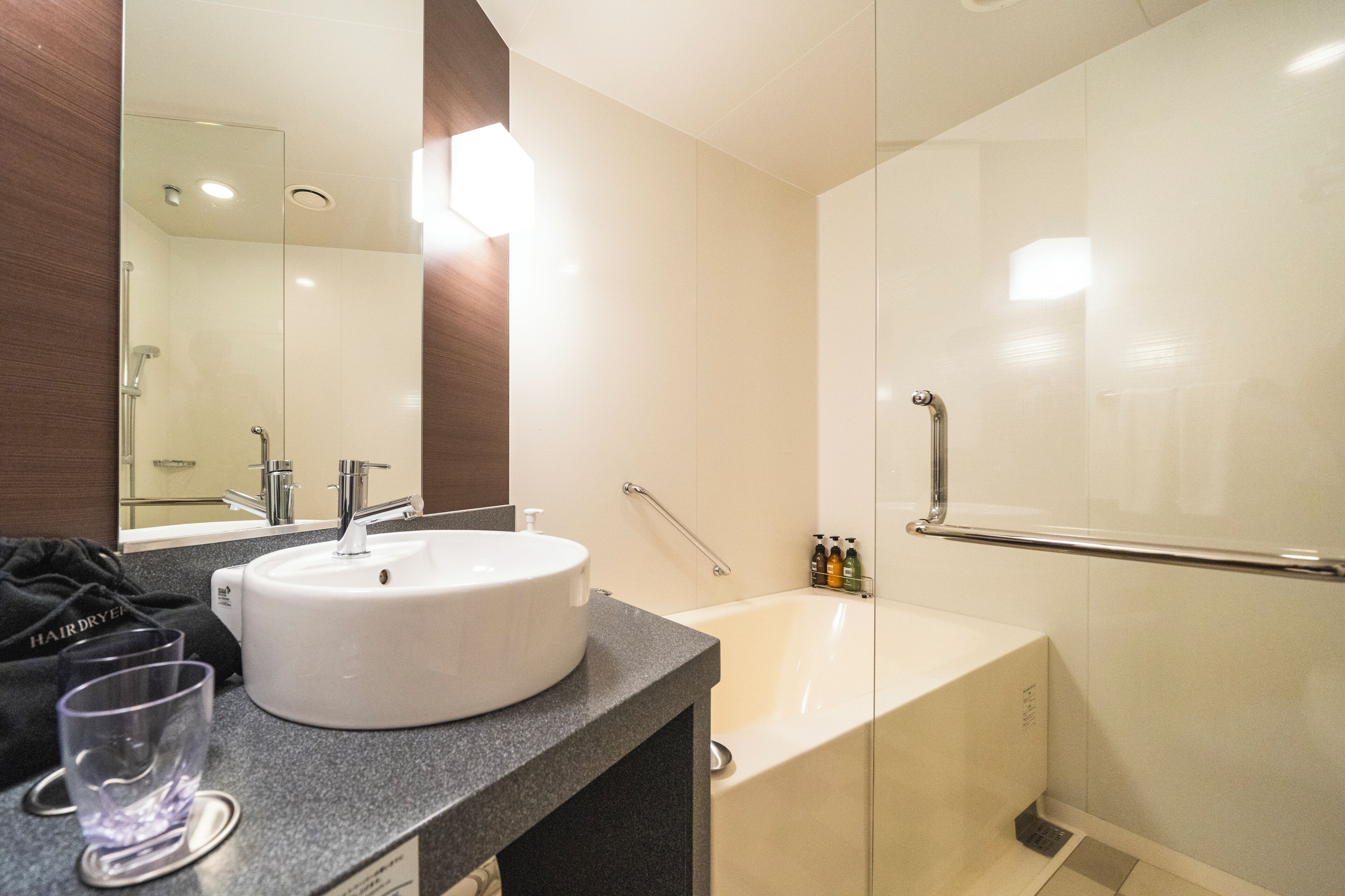 combined shower/bathtub, free toiletries, hair dryer, bidet