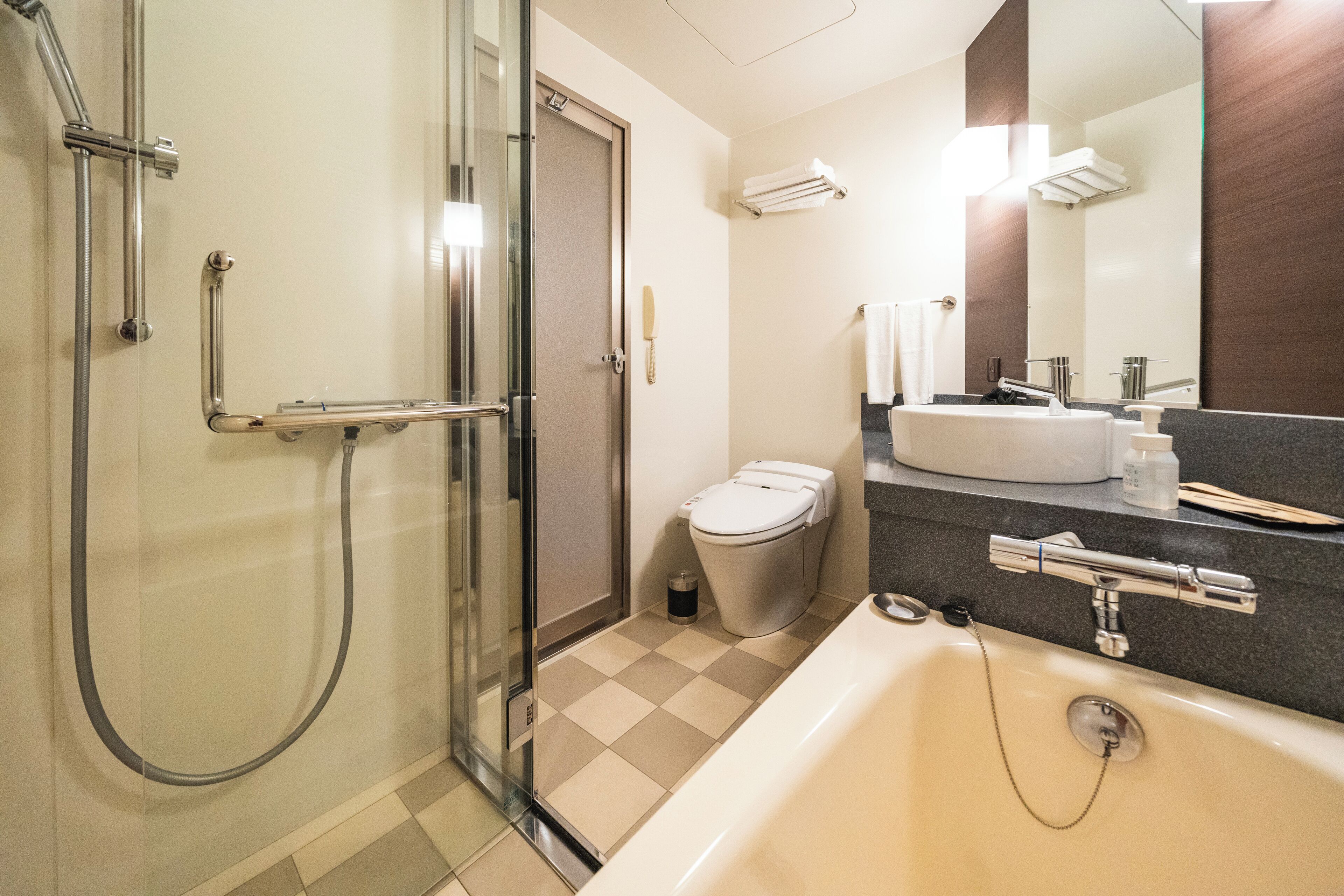 combined shower/bathtub, free toiletries, hair dryer, bidet
