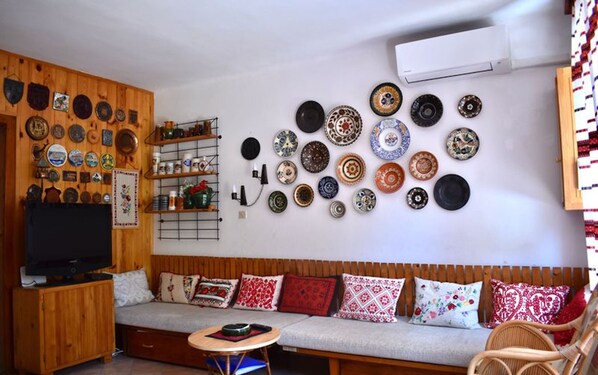 Una sala de estar con pared de madera, un televisor, un sofá con cojines estampados y una estantería con platos decorativos.