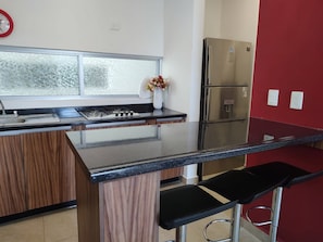 A kitchen with a gas stove, a refrigerator, a sink, and a window with frosted glass.