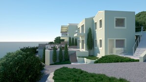 A modern multi-story building with a flat roof, large windows, and a balcony. - "room in Guest Room - Room With Private Pool" (Corfu)