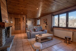 Un salon chaleureux avec une cheminée en pierre, un canapé agrémenté de coussins à motifs, une table basse en bois et une vue sur les montagnes grâce à de grandes fenêtres.