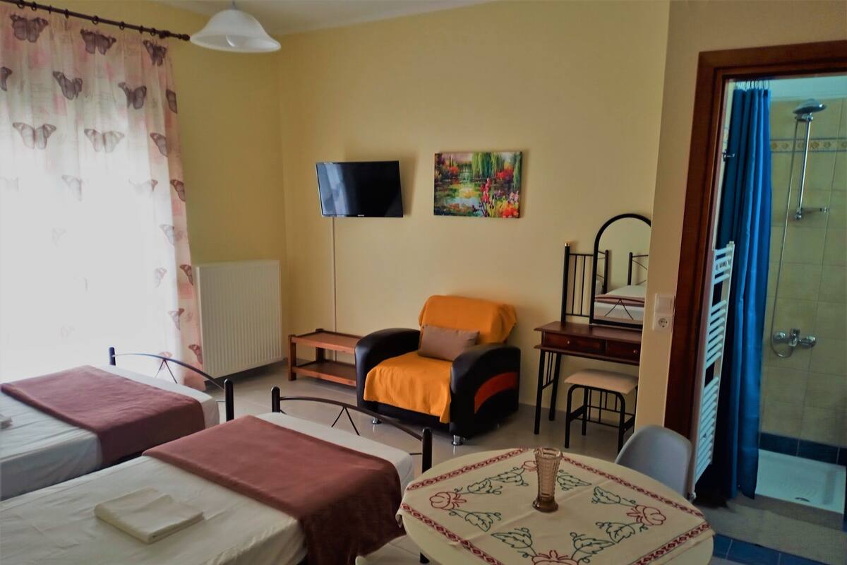 A hotel room with two single beds, a sofa, a small table with a vase, a TV, and a painting on the wall.