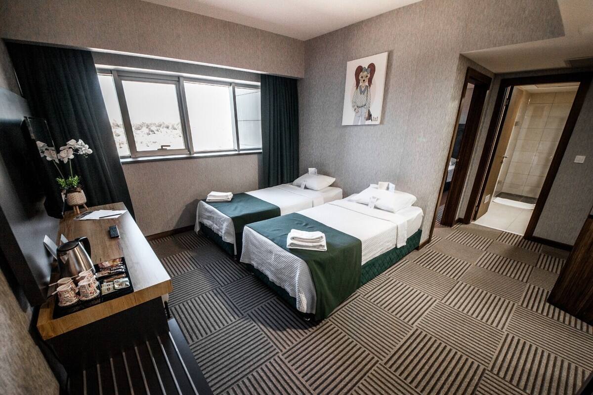Ein Hotelzimmer mit zwei Betten, einem Schreibtisch mit Kaffeemaschine, einer kleinen Pflanze und einem Bild an der Wand.
