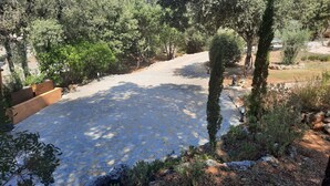 Pátio pavimentado com lajes de pedra, rodeado por vegetação densa e árvores.