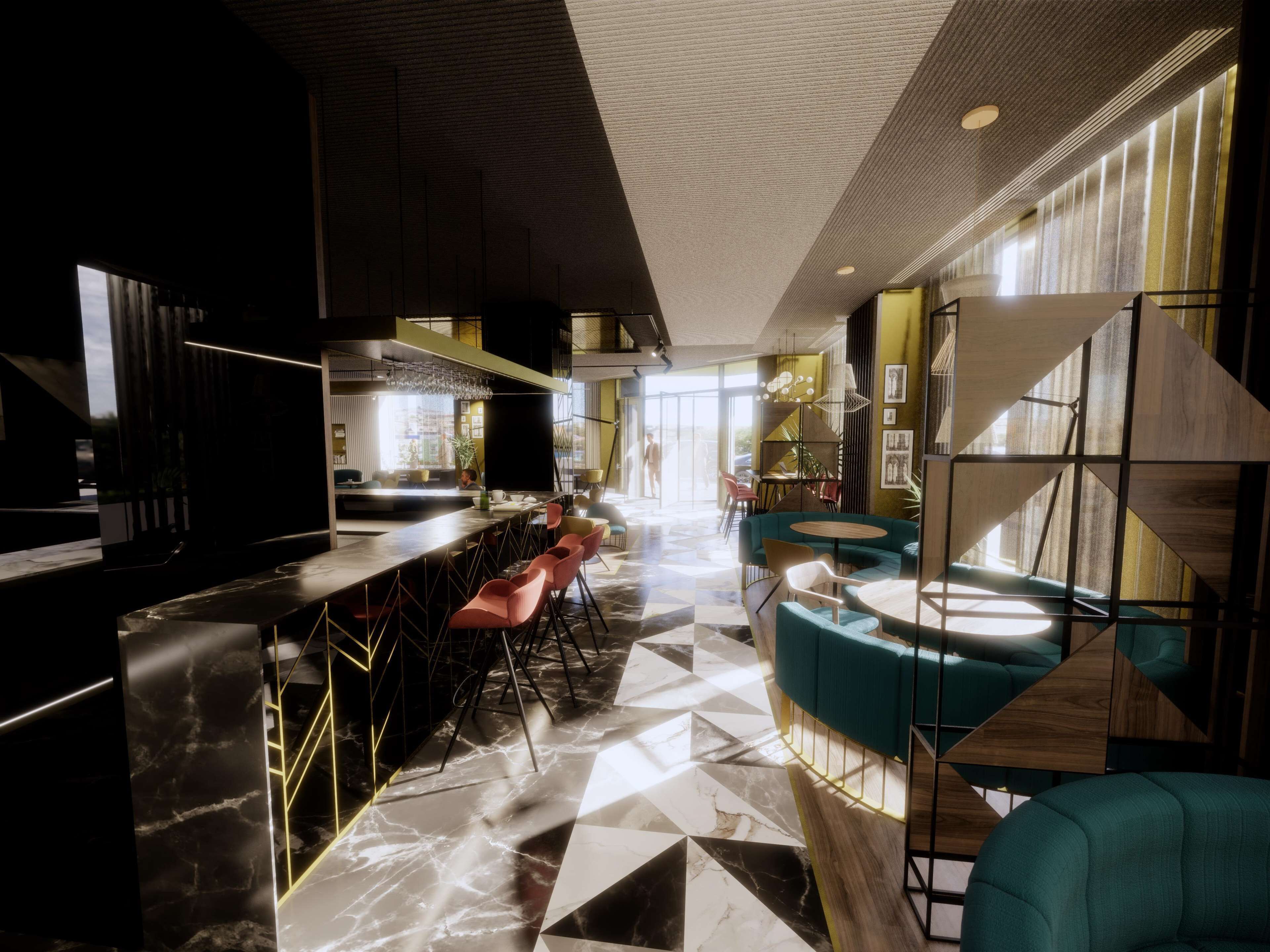 A modern bar area with a geometric floor pattern, bar stools, and a seating area with teal chairs.
