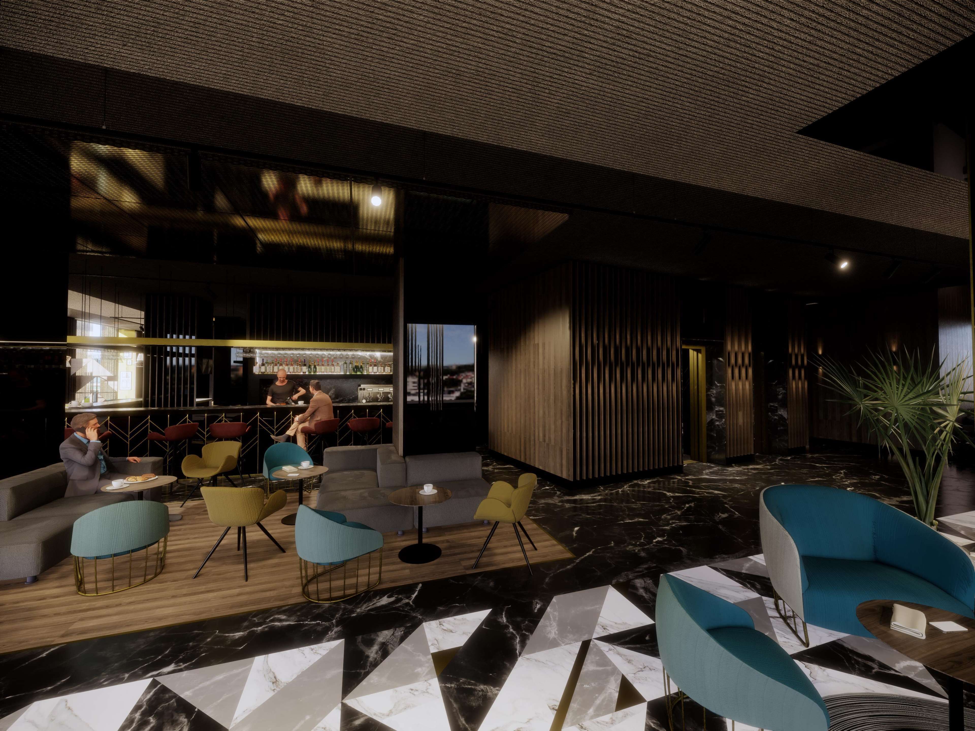 A modern lounge area with seating, a bar, and a view of the cityscape.
