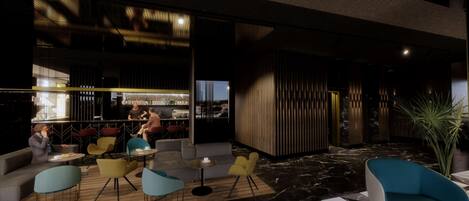 A modern lounge area with seating, a bar, and a view of the cityscape.