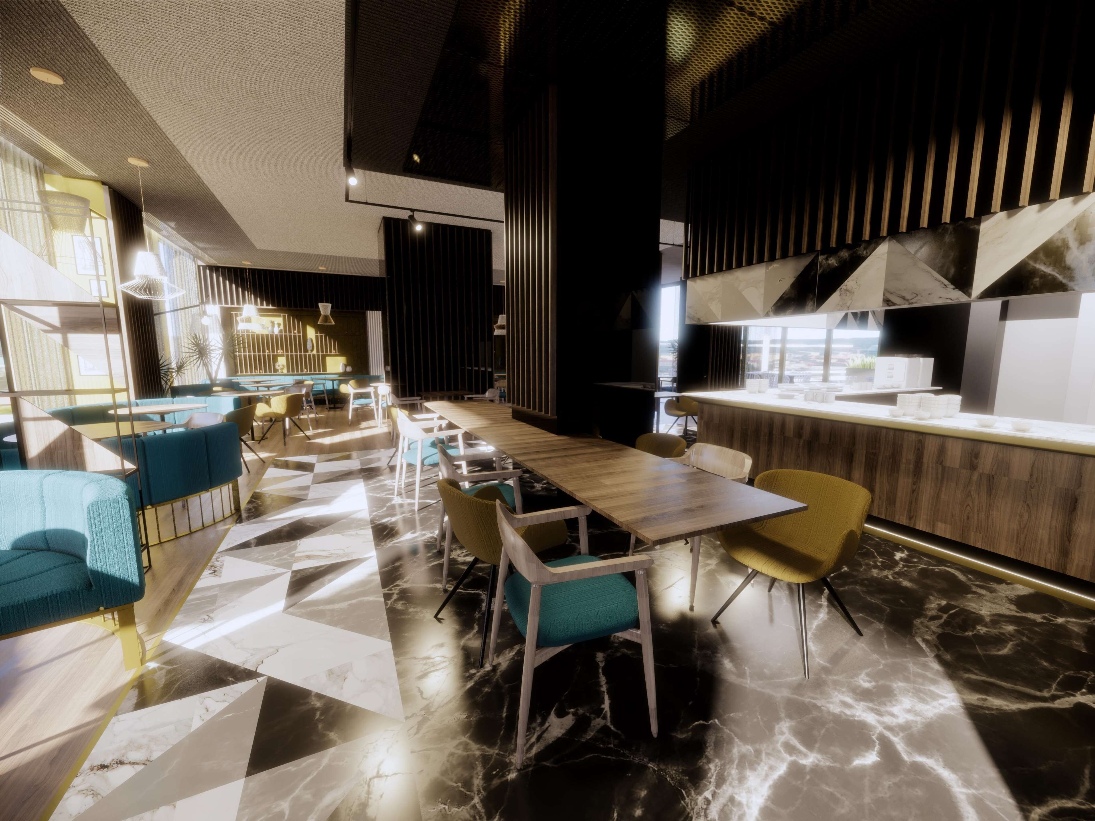 A modern restaurant with a long dining table, multiple chairs, and a bar area.