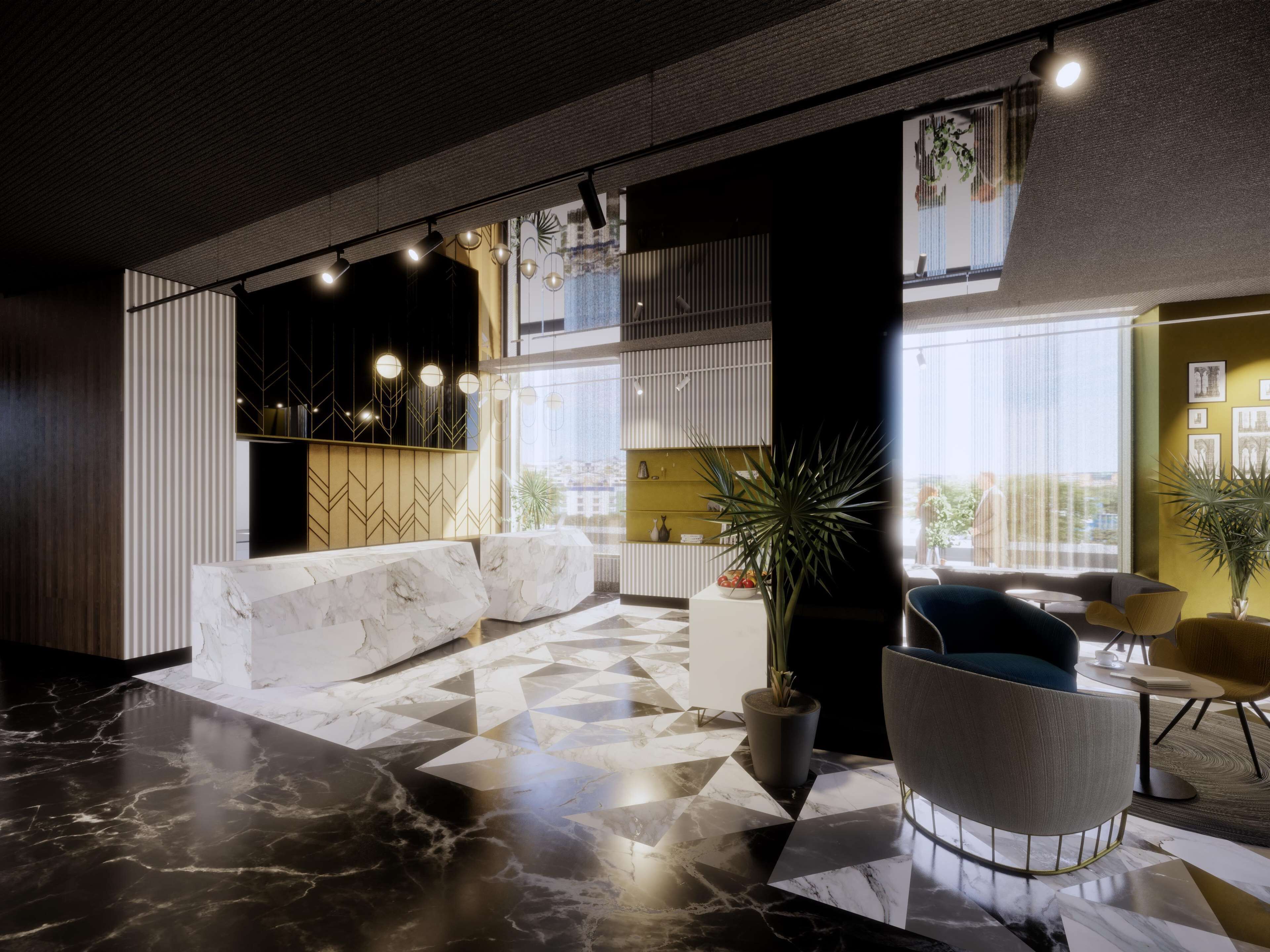 A modern lobby with a marble floor, a reception desk, seating area, and large windows with city views.