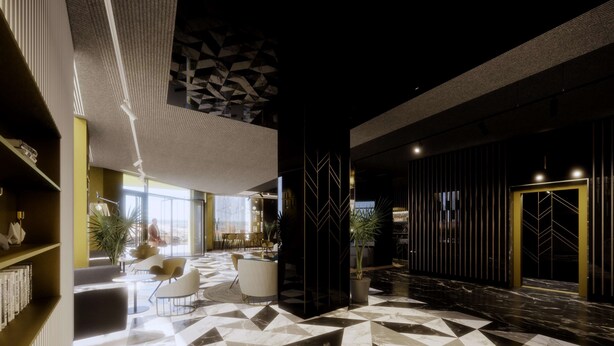 A modern lobby with a geometric patterned floor, a seating area with chairs, and a reception desk.