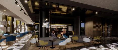 A modern interior with a bar area, seating with tables, and a patterned floor.