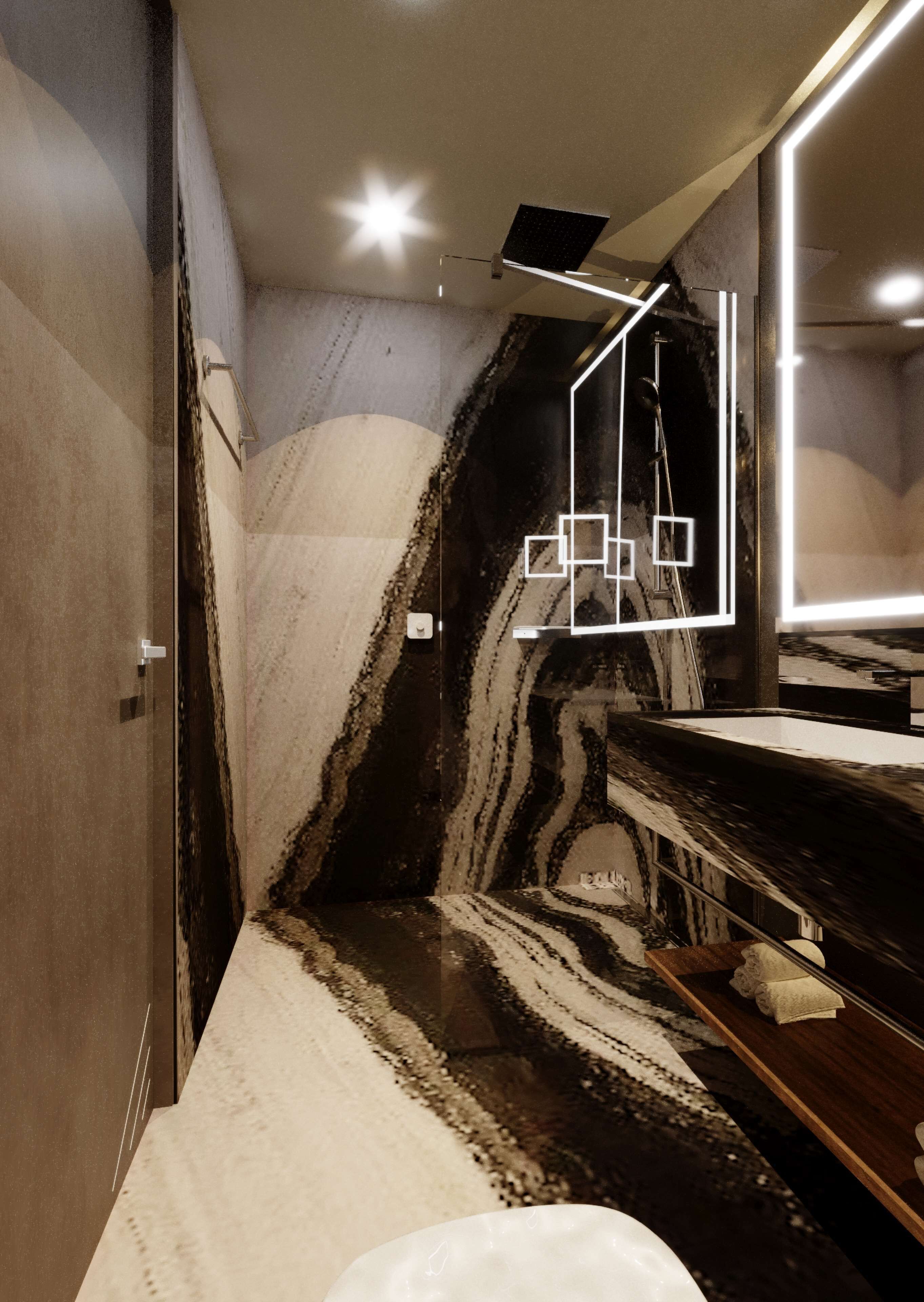 A modern bathroom with a marble wall, a wooden vanity, and a mirror with a geometric light fixture.
