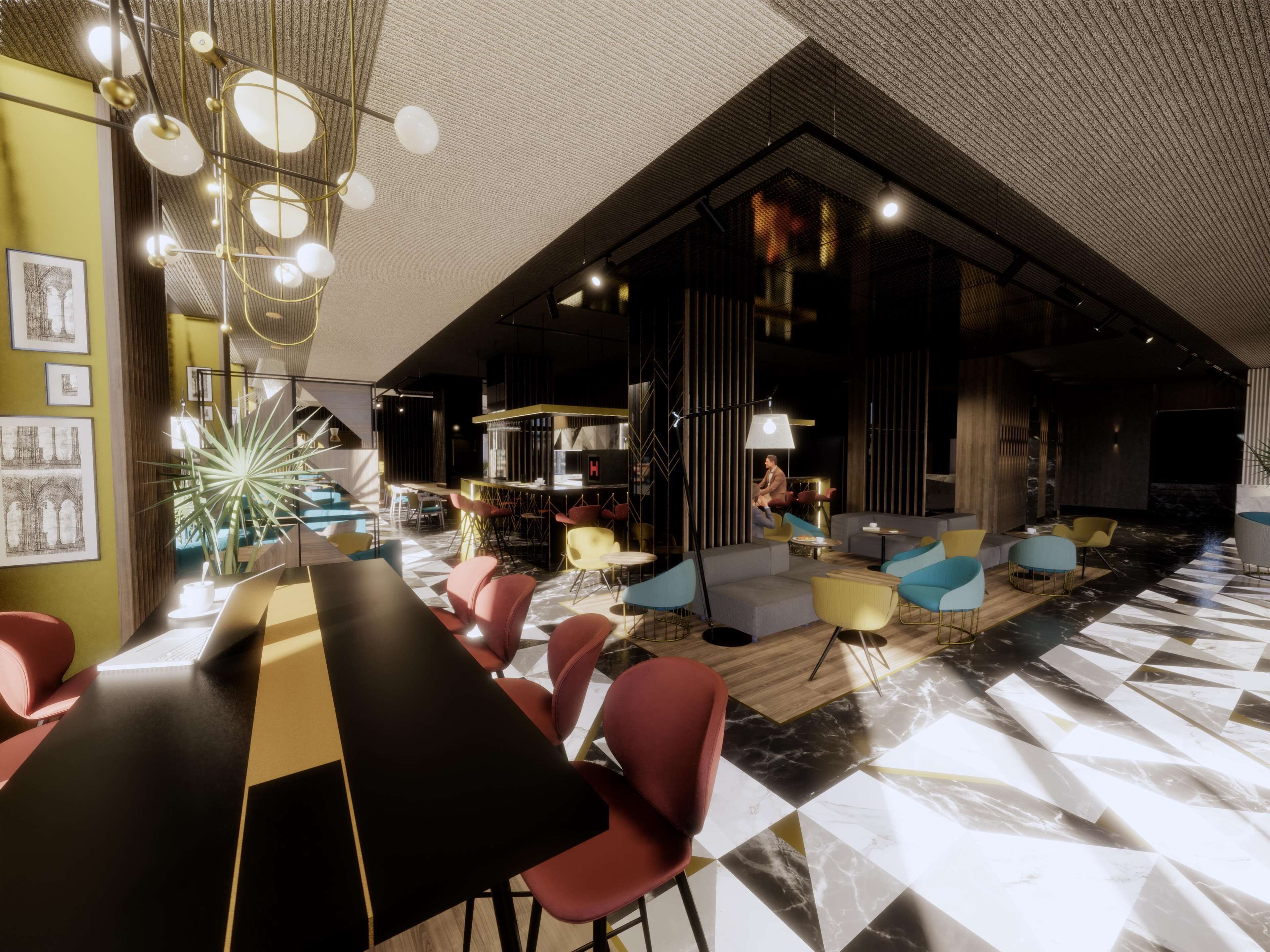 Un intérieur moderne avec un sol à carreaux, un espace bar et un coin salon avec des chaises rouges et jaunes.