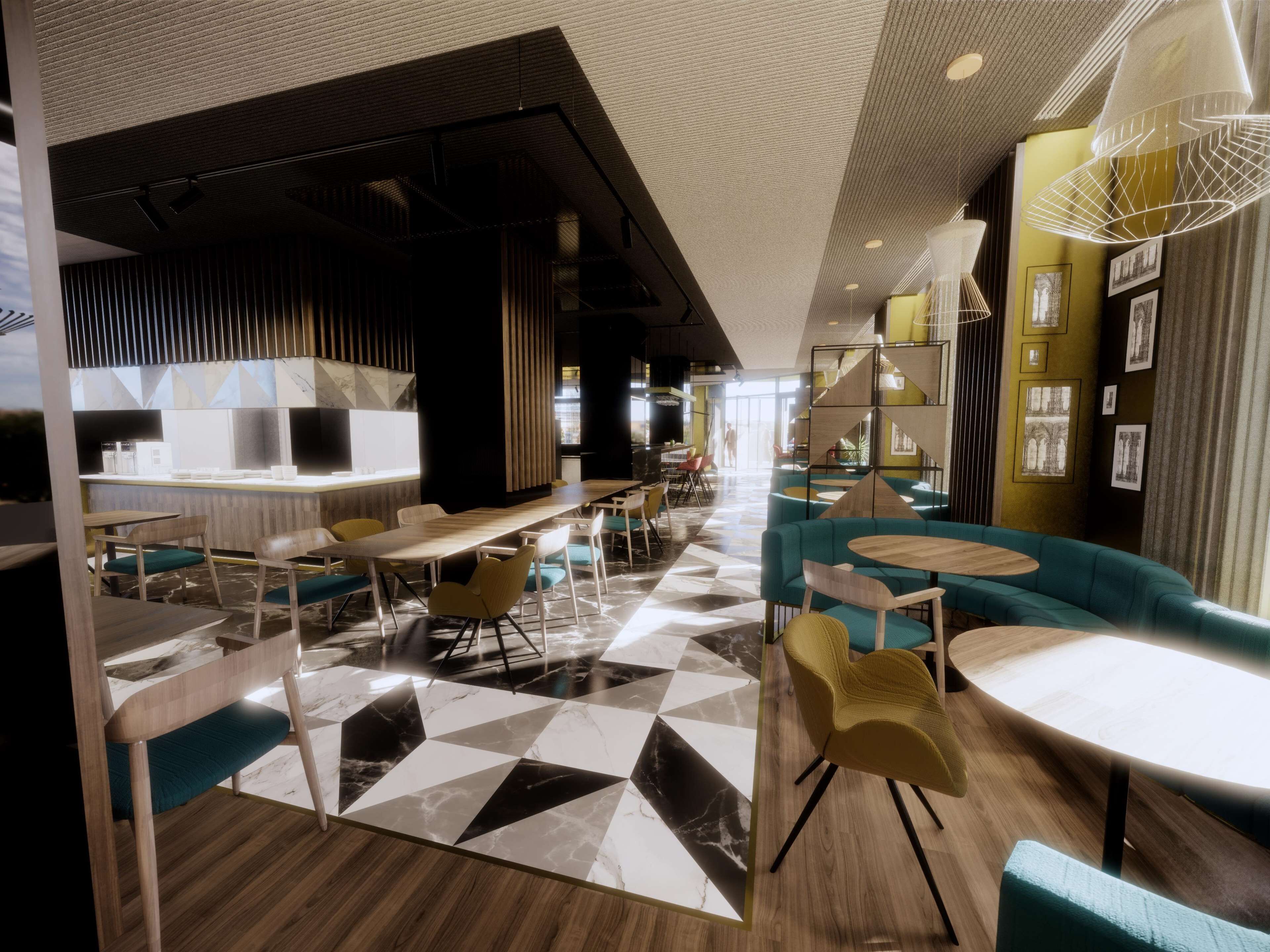 A modern interior with a bar area, seating arrangements, and a patterned floor.
