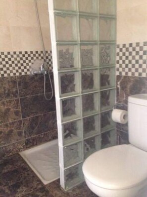 A bathroom with a glass shower enclosure, a toilet, and checkered tiles on the walls. - Top Floor Private Terrace with Sea View (Oued Laou)