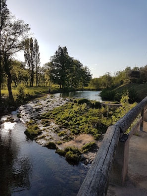 A natural landscape with a river, greenery, and a wooden bridge.