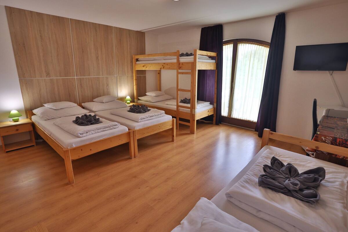 A room with bunk beds, a flat bed, a TV, and a wooden floor.