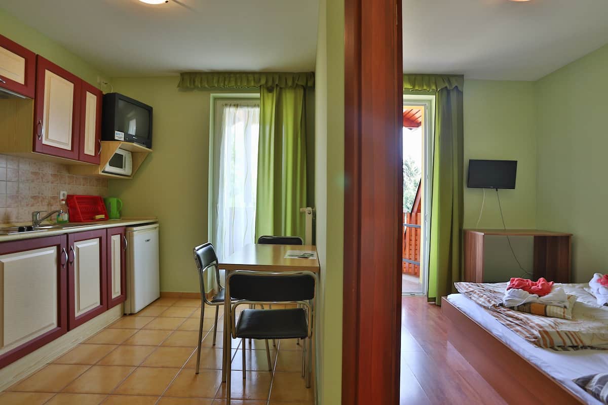 A compact kitchen with a dining area, a small TV, and a bed with a TV.