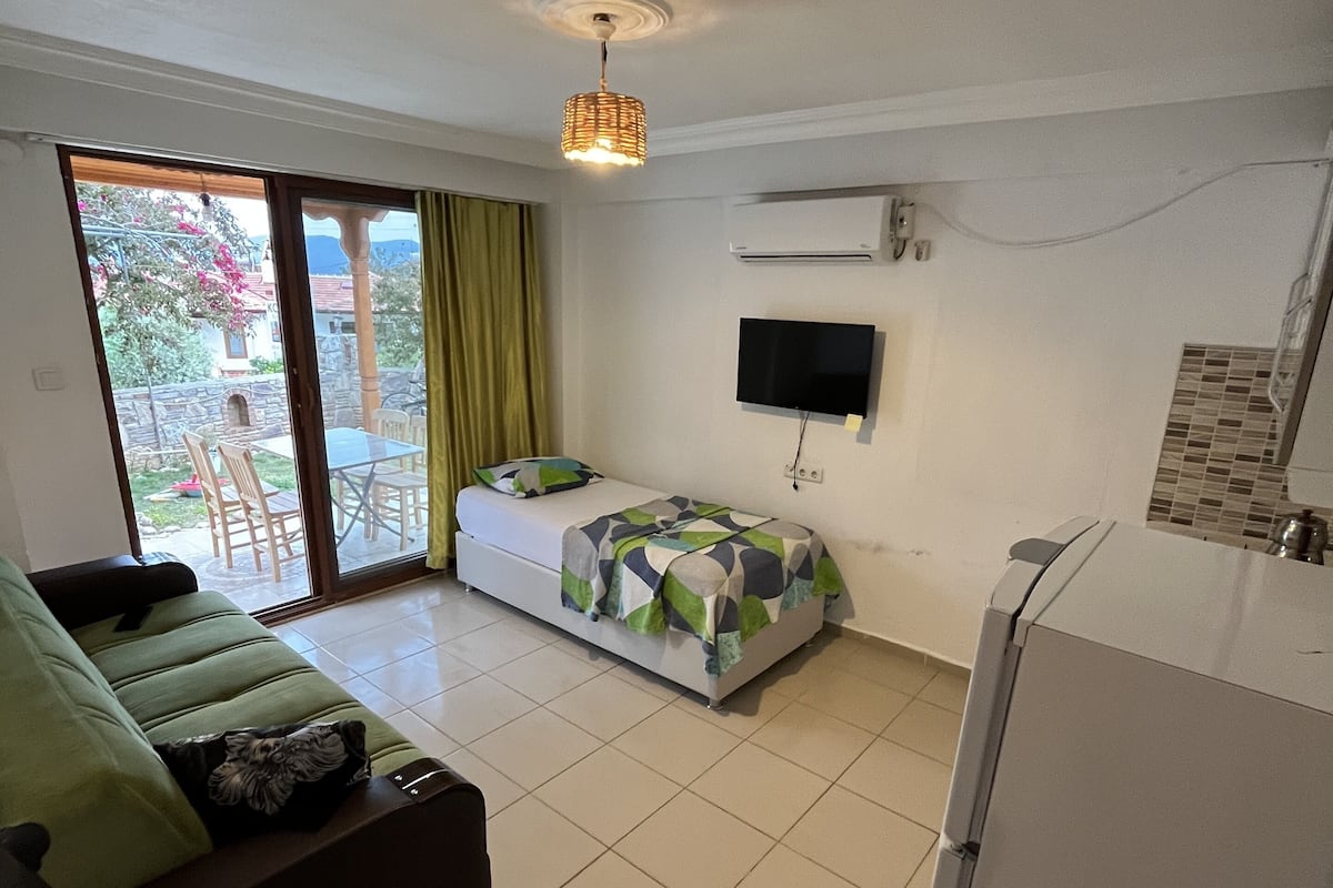 A compact living space with a sofa, a bed with a patterned cover, a television, and an air conditioning unit.