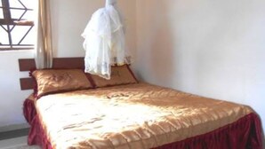 Un dormitorio con cama, almohadas y mosquitero.