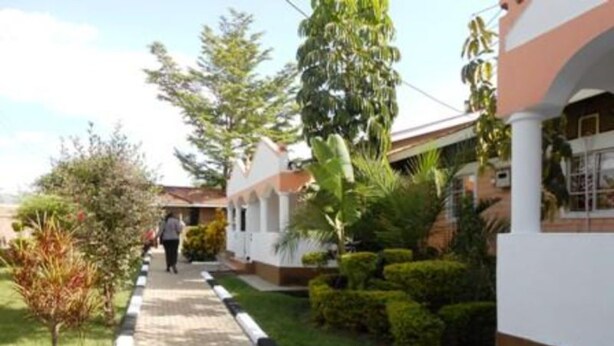 Un sendero conduce a un edificio de fachada blanca y marrón, rodeado de vegetación y árboles.