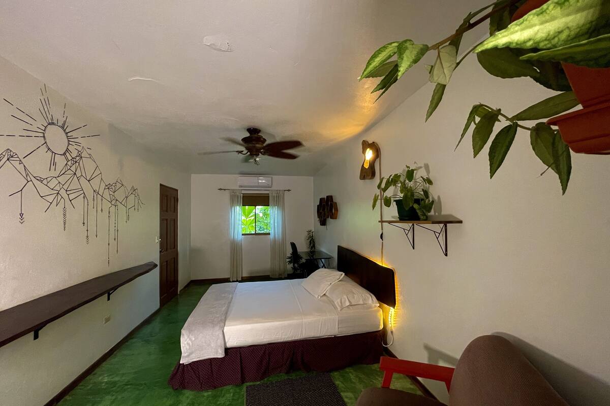 A bedroom with a bed, a ceiling fan, a window with curtains, a wall-mounted shelf with a plant, and a green carpet.