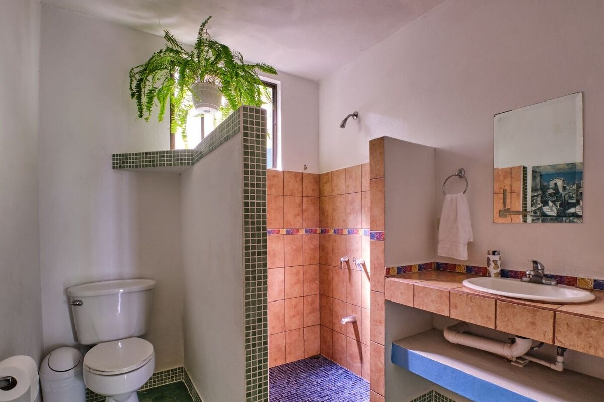 A bathroom with a toilet, shower, sink, and a mirror.