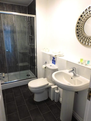 Shower, hair dryer, towels, shampoo