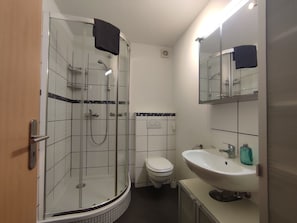 Shower, hair dryer, towels, toilet paper