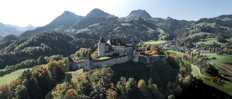 A castle on a hill with a view of a town below.
