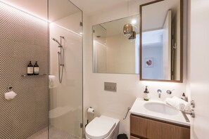 Shower, hair dryer, towels