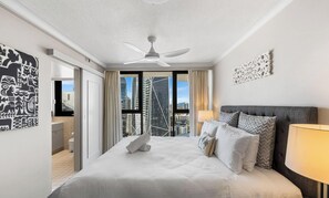 2 bedrooms, desk, blackout curtains, iron/ironing board